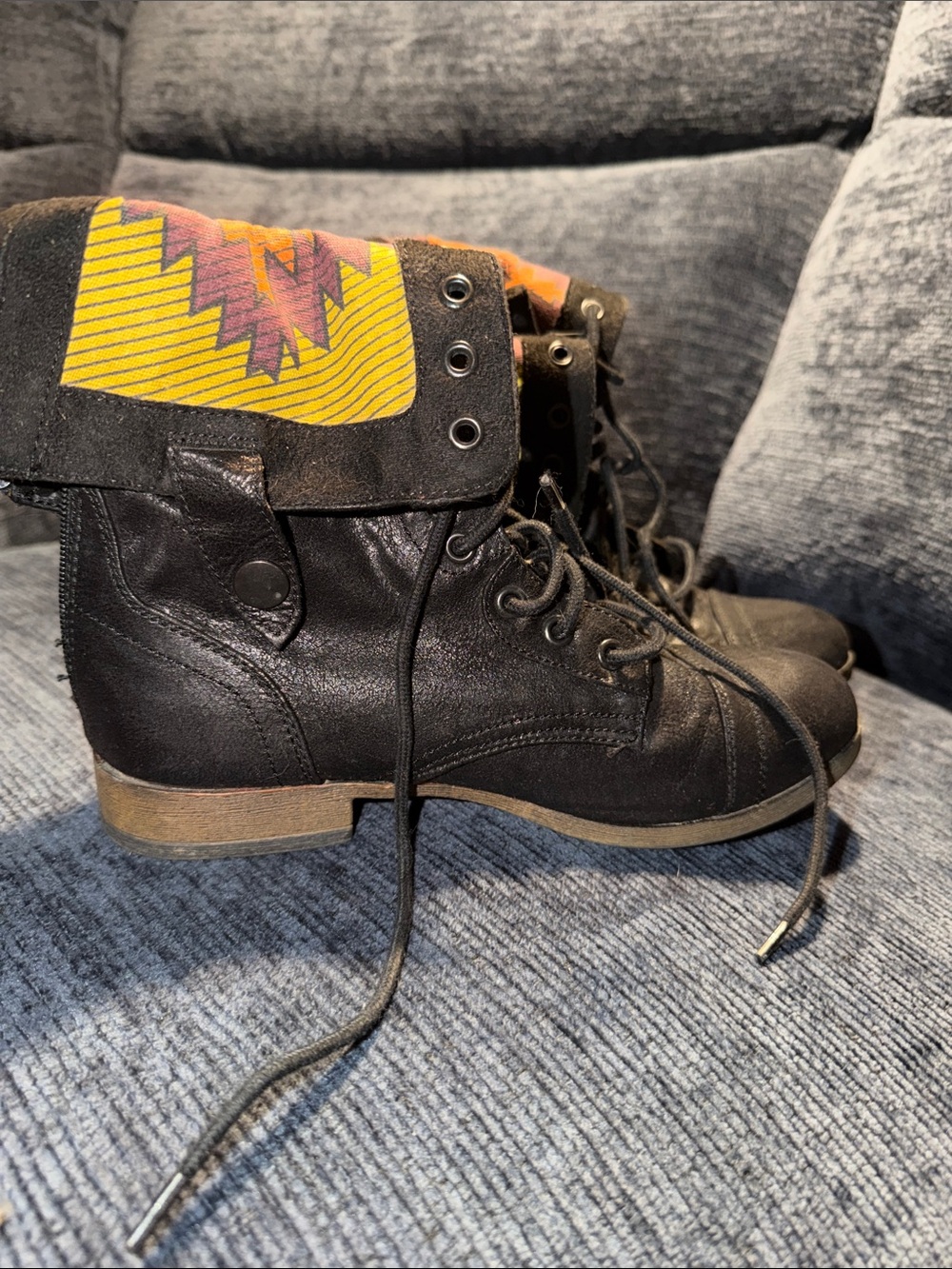 Mossimo Supply Co. Black Combat Boots with Yellow & Pink Patterned Cuff